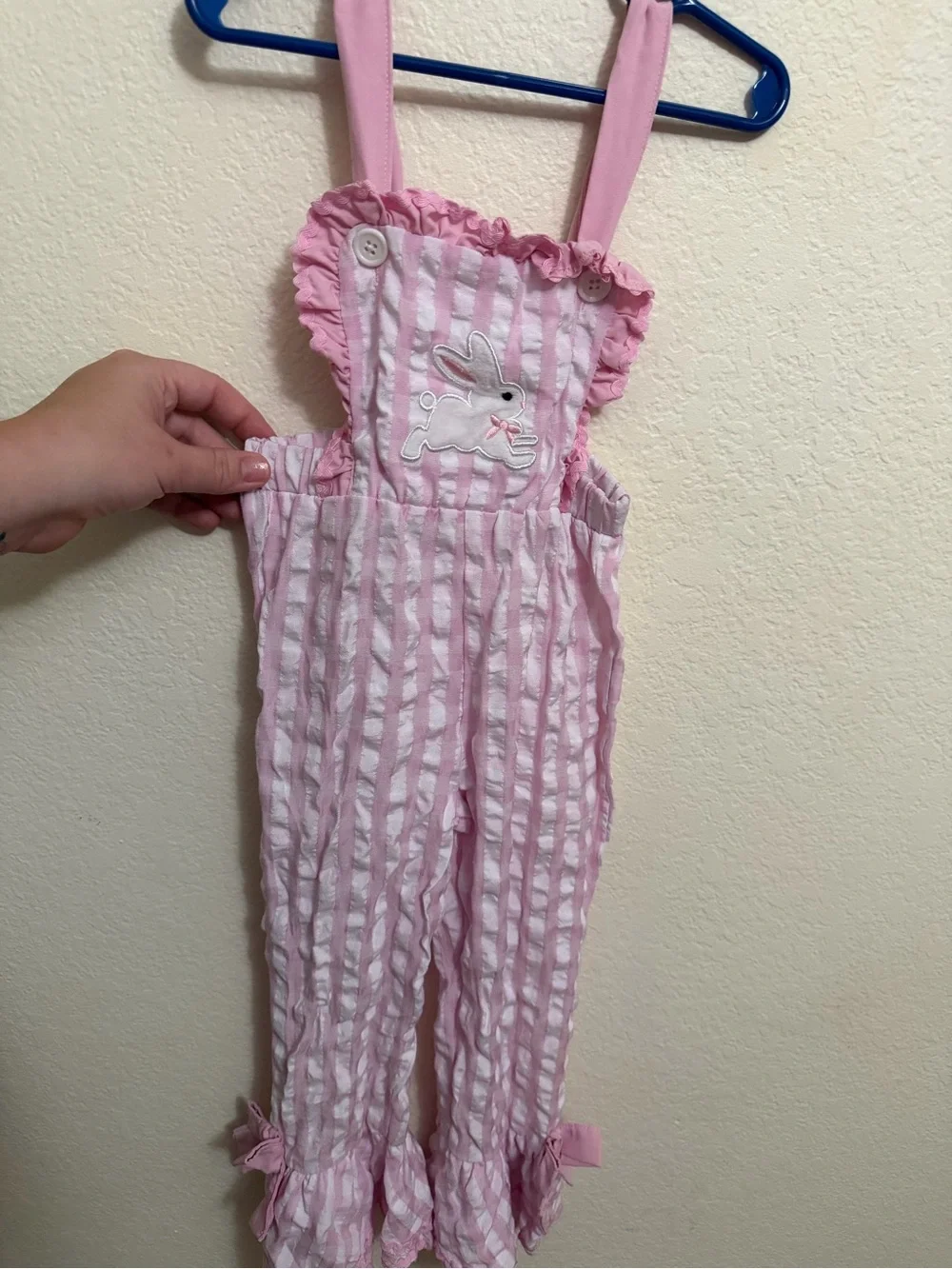 Amazon Pink and White Striped Bunny Appliqué Overalls